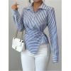 image:imageMakeMeChic Womens Striped Wrap Button Down Shirt Tie Side Long Sleeve Business BlouseBlue and White