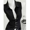image:imageMakeMeChic Womens Vest Tops Lace Up Collared Blouse Sleeveless Summer ShirtBlack