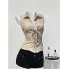 image:imageMakeMeChic Womens Vest Tops Lace Up Collared Blouse Sleeveless Summer ShirtKhaki