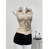 image:imageMakeMeChic Womens Vest Tops Lace Up Collared Blouse Sleeveless Summer ShirtKhaki
