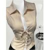 image:imageMakeMeChic Womens Vest Tops Lace Up Collared Blouse Sleeveless Summer ShirtKhaki