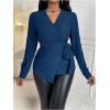 image:imageMakeMeChic Womens Wrap Tops V Neck Blouse Business Dressy Shirt Tie Side Long Sleeve Going Out TopBlue