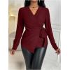 image:imageMakeMeChic Womens Wrap Tops V Neck Blouse Business Dressy Shirt Tie Side Long Sleeve Going Out TopBurgundy