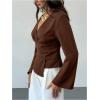 image:imageMakeMeChic Womens Wrap V Neck Blouse Bell Sleeve Cinched Waist Dressy Work TopsCoffee Brown