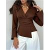 image:imageMakeMeChic Womens Wrap V Neck Blouse Bell Sleeve Cinched Waist Dressy Work TopsCoffee Brown