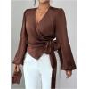 image:imageMakeMeChic Womens Wrap V Neck Blouse Tie Side Lantern Sleeve Business Dressy TopsBrown