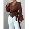 image:imageMakeMeChic Womens Wrap V Neck Blouse Tie Side Lantern Sleeve Business Dressy TopsBrown