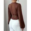 image:imageMakeMeChic Womens Wrap V Neck Blouse Tie Side Lantern Sleeve Business Dressy TopsBrown