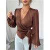 image:imageMakeMeChic Womens Wrap V Neck Blouse Tie Side Lantern Sleeve Business Dressy TopsBrown