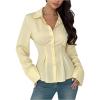 image:imageMAKEMECHIC Womens Pleated Button Down Shirt Long Sleeve Collar Flared Hem Business TopsBeige