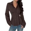 image:imageMAKEMECHIC Womens Pleated Button Down Shirt Long Sleeve Collar Flared Hem Business TopsBrown