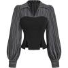 image:imageMakeMeChic Womens 2 in 1 Striped Lantern Long Sleeve Tops V Neck Collared Split Fitted Work BlousesBlack