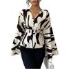 image:imageMakeMeChic Womens Abstract Print Collar Flare Sleeve Shirt Bell Sleeve V Neck Peplum BlouseApricot