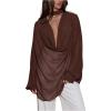 image:imageMakeMeChic Womens Chiffon Deep V Neck Blouse Draped Long Sleeve Business Tops with ScarfBrown