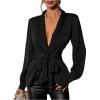 image:imageMakeMeChic Womens Deep V Neck Blouse Satin Tops Long Sleeve Silk Tie Front Belted Going Out TopsBlack