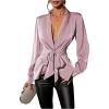 image:imageMakeMeChic Womens Deep V Neck Blouse Satin Tops Long Sleeve Silk Tie Front Belted Going Out TopsPink