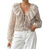 image:imageMakeMeChic Womens Plaid Deep V Neck Blouse Lantern Sleeve Tie Front Ruffle Tiered Shirt TopsKhaki