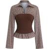image:imageMakeMeChic Womens Plaid Shirts Long Sleeve Collared Button Down 2 in 1 Rib Knit BlouseBrown