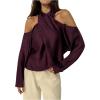 image:imageMakeMeChic Womens Satin Criss Cross Blouse Long Sleeve Cold Shoulder TopsRed Violet