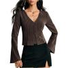 image:imageMakeMeChic Womens Striped Bell Sleeve Blouse V Neck Button Up Tie Back Dressy Shirt TopsCoffee Brown