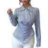 image:imageMakeMeChic Womens Striped Wrap Button Down Shirt Tie Side Long Sleeve Business BlouseBlue and White