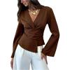 image:imageMakeMeChic Womens Wrap V Neck Blouse Bell Sleeve Cinched Waist Dressy Work TopsCoffee Brown