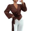 image:imageMakeMeChic Womens Wrap V Neck Blouse Tie Side Lantern Sleeve Business Dressy TopsBrown