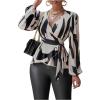 image:imageMakeMeChic Womens Zebra Striped Wrap Tie V Neck Long Sleeve Business Peplum TopsBlack