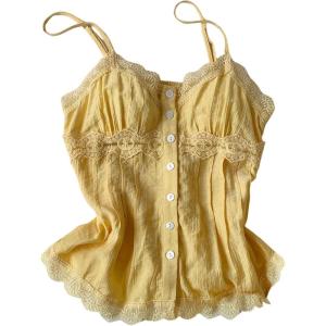 image:imageMAKEMECHIC Womens Lace Button Down Camisole Spaghetti Strap Sleeveless Summer TopsYellow