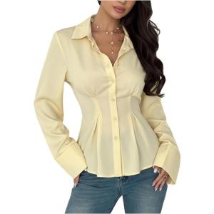 image:imageMAKEMECHIC Womens Pleated Button Down Shirt Long Sleeve Collar Flared Hem Business TopsBeige