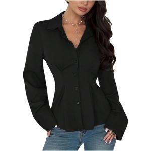 image:imageMAKEMECHIC Womens Pleated Button Down Shirt Long Sleeve Collar Flared Hem Business TopsBlack