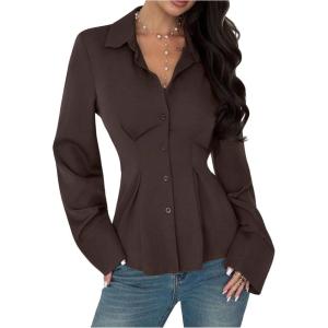 image:imageMAKEMECHIC Womens Pleated Button Down Shirt Long Sleeve Collar Flared Hem Business TopsBrown