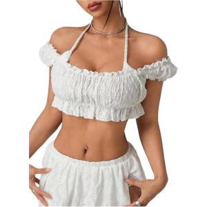 image:imageMAKEMECHIC Womens Summer Y2K Super Crop Tops Puff Sleeve Halter Eyelet Embroidery BlousesWhite