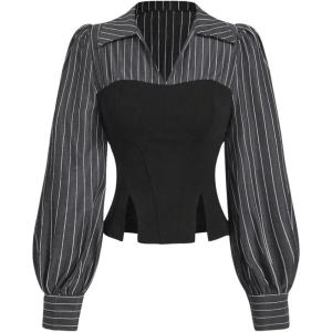 image:imageMakeMeChic Womens 2 in 1 Striped Lantern Long Sleeve Tops V Neck Collared Split Fitted Work BlousesBlack