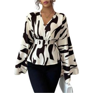 image:imageMakeMeChic Womens Abstract Print Collar Flare Sleeve Shirt Bell Sleeve V Neck Peplum BlouseApricot
