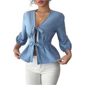 image:imageMakeMeChic Womens Blouse Lantern Sleeve V Neck Bow Tie Front Ruffle Shirt TopsBlue