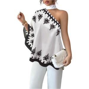 image:imageMakeMeChic Womens Boho Blouse Graphic Asymmetrical Tie Back Contrast Binding Vacation TopsBlack and White