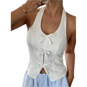 image:imageMakeMeChic Womens Bow Halter Crop Tops Y2k Cut Out Zipper Backless Going Out TopWhite