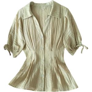 image:imageMakeMeChic Womens Business Office Button Down Shirt Half Sleeve Collar Textured Blouse TopsGreen