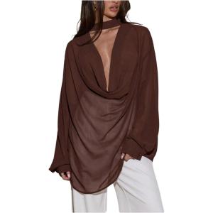 image:imageMakeMeChic Womens Chiffon Deep V Neck Blouse Draped Long Sleeve Business Tops with ScarfBrown