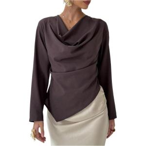 image:imageMakeMeChic Womens Cowl Neck Blouse Draped Hanky Hem Long Sleeve Business Shirt TopsCoffee Brown
