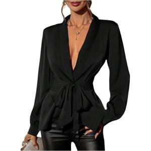 image:imageMakeMeChic Womens Deep V Neck Blouse Satin Tops Long Sleeve Silk Tie Front Belted Going Out TopsBlack