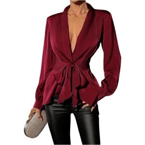 image:imageMakeMeChic Womens Deep V Neck Blouse Satin Tops Long Sleeve Silk Tie Front Belted Going Out TopsBurgundy