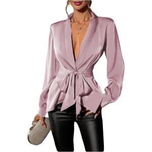 image:imageMakeMeChic Womens Deep V Neck Blouse Satin Tops Long Sleeve Silk Tie Front Belted Going Out TopsPink