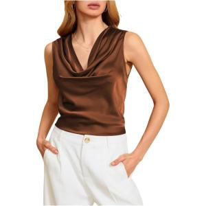 image:imageMakeMeChic Womens Draped Cowl Neck Camisole Silk Satin Tank Tops Office Work Shirt Summer BlouseBrown B