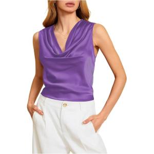image:imageMakeMeChic Womens Draped Cowl Neck Camisole Silk Satin Tank Tops Office Work Shirt Summer BlousePurple