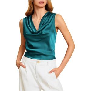 image:imageMakeMeChic Womens Draped Cowl Neck Camisole Silk Satin Tank Tops Office Work Shirt Summer BlouseTeal Blue