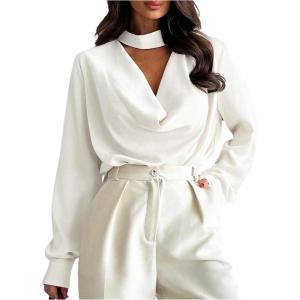 image:imageMakeMeChic Womens Elegant Satin Tops Draped Long Sleeve Keyhole Office Shirt Blouse TopWhite