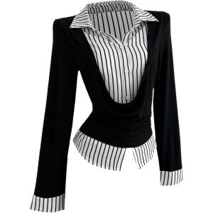 image:imageMakeMeChic Womens Fall Striped Button Down Draped Shirt Long Sleeve 2 in 1 Work Office Blouse TopsBlack