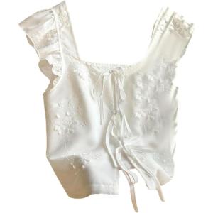 image:imageMakeMeChic Womens Floral Embroidery Ruffle Sleeve Blouse Bow Tie Front Fairy Blouse TopsWhite